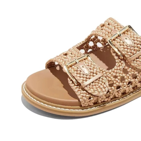 Tan Woven Slide Sandals Universal Thread Kylie 8.5 8 1/2 Two Band Shoes Spring - Picture 2 of 9